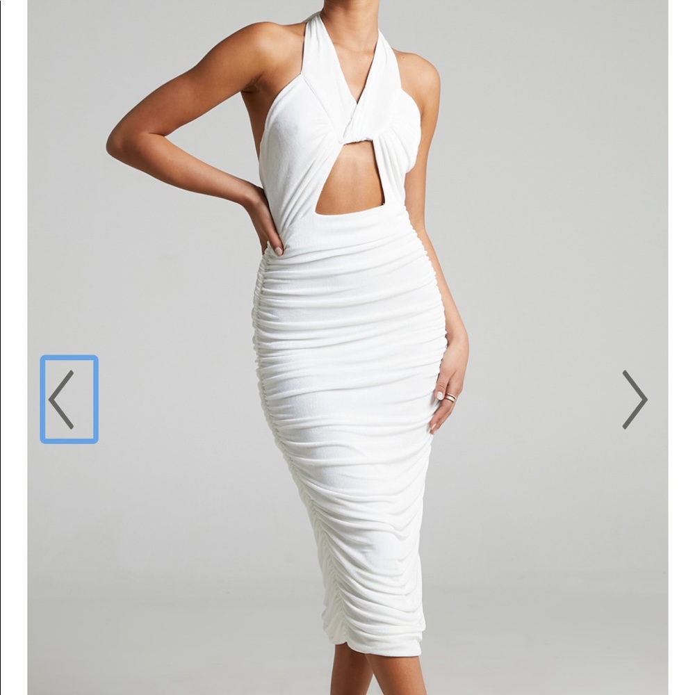CUT OUT RUCHED MIDI DRESS IN WHITE